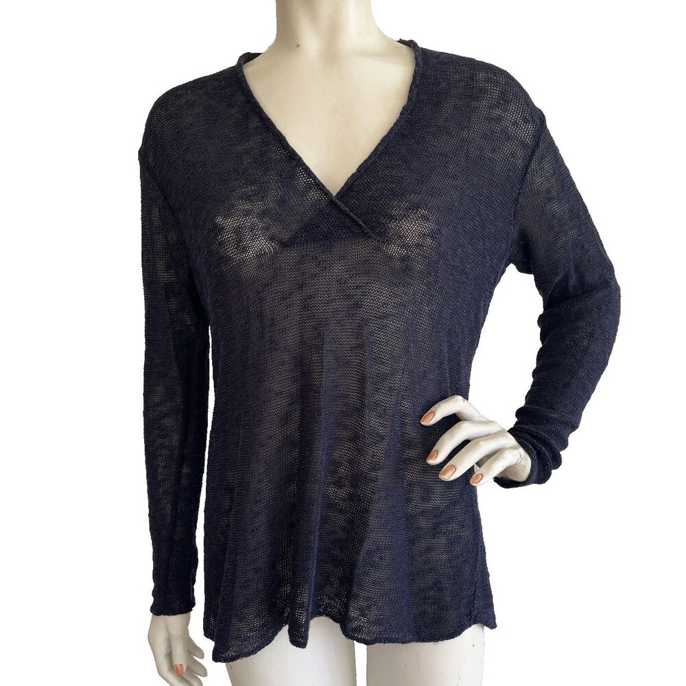 EILEEN FISHER Navy Blue Semi Sheer Woven Sweater Top Long Sleeve V Neck Size S M